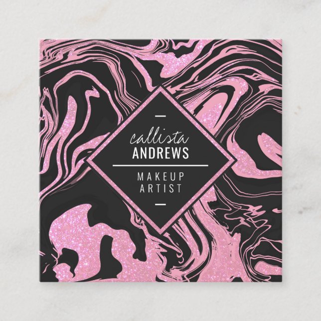 Modern Black  Rosa Glitter Marble Makeup Fyrkantigt Visitkort (Framsida)