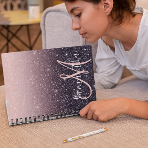Modern Black & Rosa Glitter Sparkles Namn Anteckningsbok