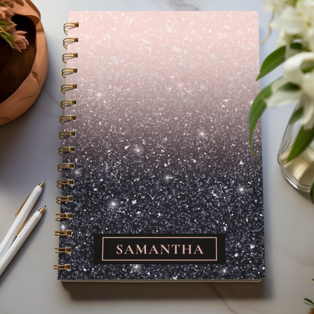 Modern Black & Rosa Glitter Sparkles Namn Anteckningsbok (Skapare uppladdad)