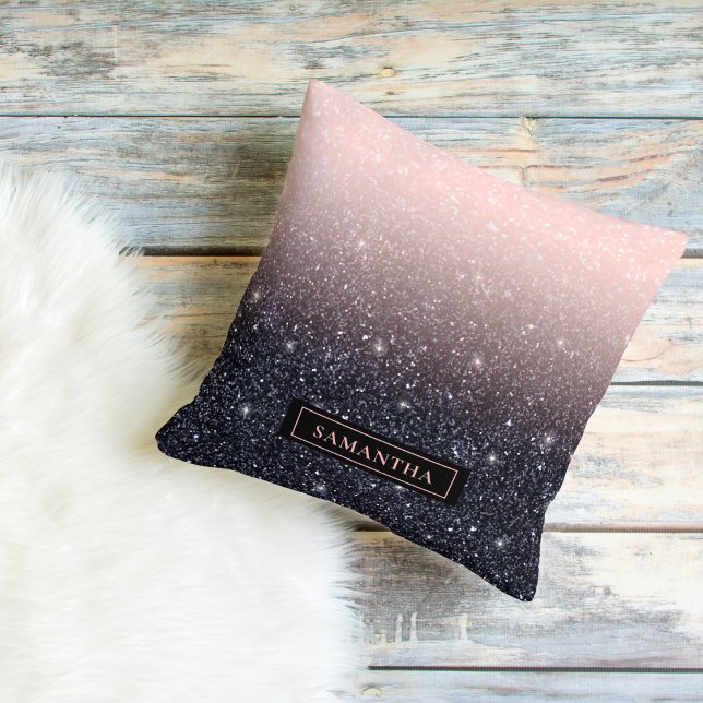 Modern Black & Rosa Glitter Sparkles Namn Kudde (Skapare uppladdad)