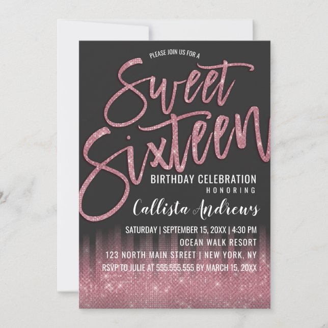 Modern Black Rosa Glitter Typography Sweet 16 Inbjudningar (Framsida)