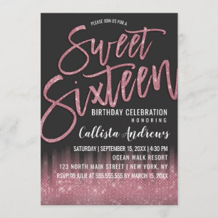 Modern Black Rosa Glitter Typography Sweet 16 Inbjudningar