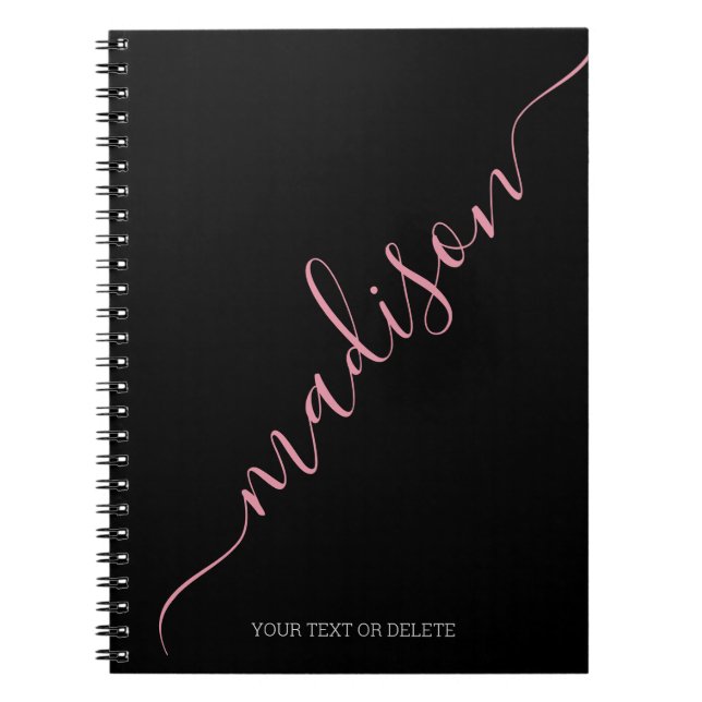 Modern Black Rosa Handskriftlig Namn Monogram Anteckningsbok (Framsidan)