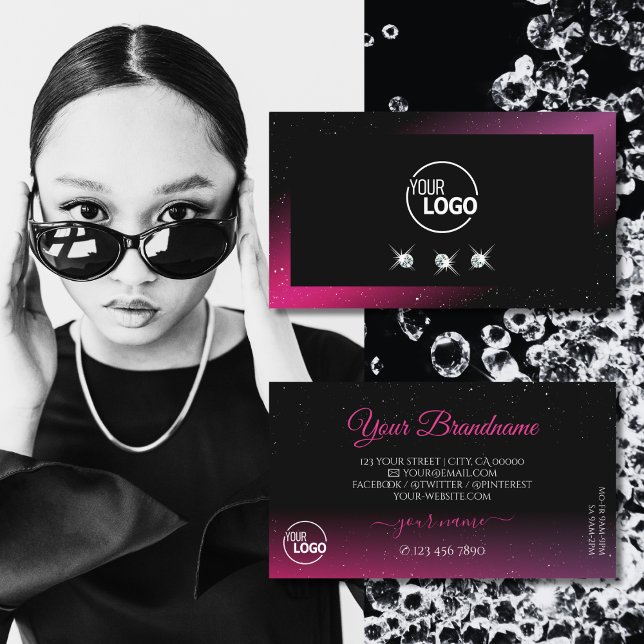 Modern Black Rosa Lila Gnistra Diamonds Add Logoty Visitkort (Skapare uppladdad)