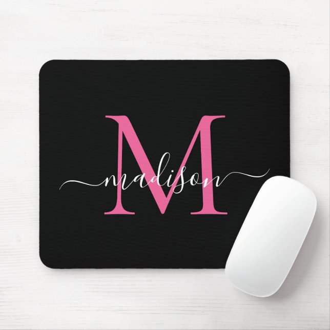 Modern Black Rosa Monogram-Elegant Girly-skript Musmatta (Med mus)