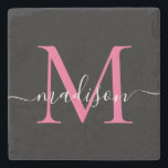 Modern Black Rosa Monogram Feminine-skript Namn Stenunderlägg<br><div class="desc">Elegant Black Magenta Shock rosa Monogram Feminine Script Namn Stone Underlägg</div>