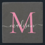 Modern Black Rosa Monogram Feminine-skript Namn Stenunderlägg<br><div class="desc">Elegant Black Magenta Shock rosa Monogram Feminine Script Namn Stone Underlägg</div>