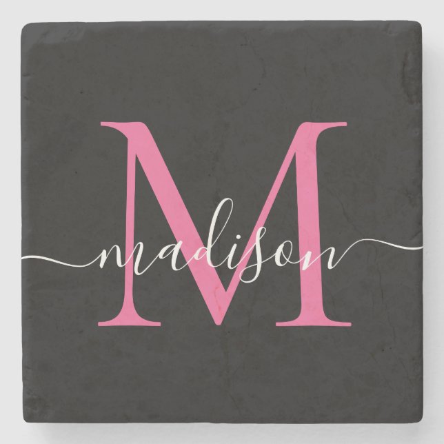 Modern Black Rosa Monogram Feminine-skript Namn Stenunderlägg (Framsidan)