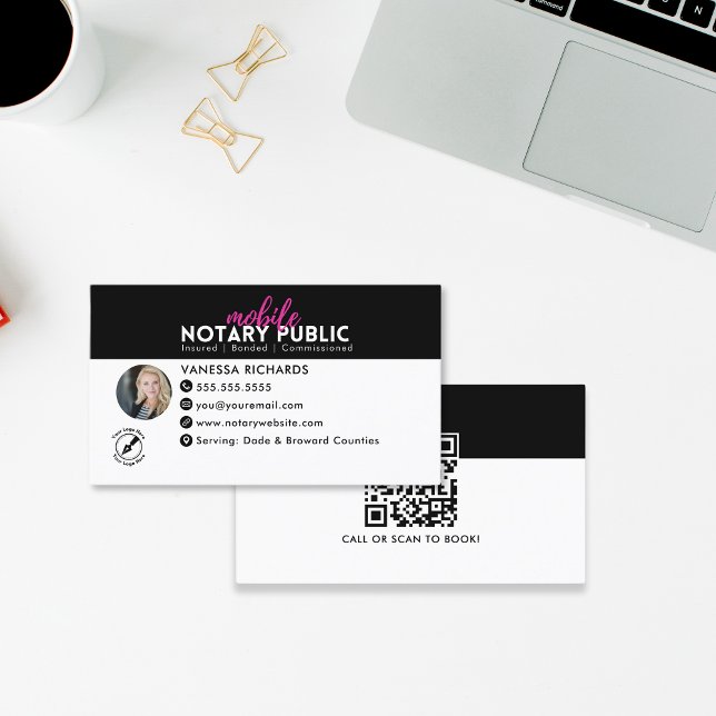 Modern Black Rosa Notary Sigary Business QR-kod Visitkort (Skapare uppladdad)