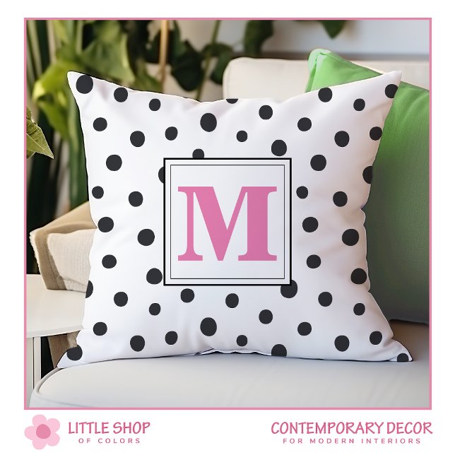Modern Black Rosa Polka dots Monogram Kudde (Skapare uppladdad)