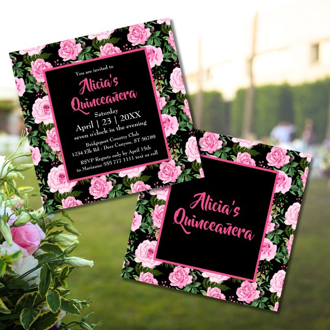Modern Black Rosa ros Quinceañera-inbjudan (Skapare uppladdad)
