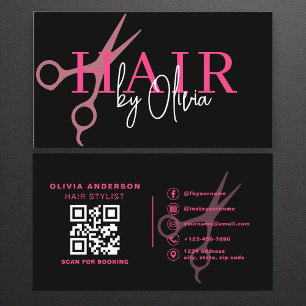 Modern Black Rosa Scissor QR Code Hair Stylist Visitkort