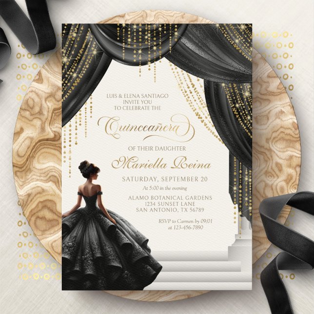 Modern Black Royal Fairytale Quinceanera Inbjudningar (Skapare uppladdad)