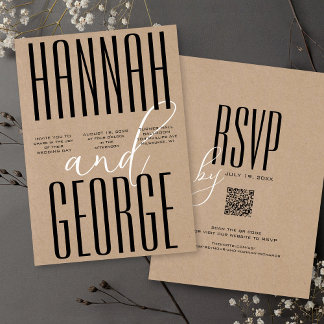 Modern Black Rustic Kraft fet QR-kod Bröllop Inbjudningar
