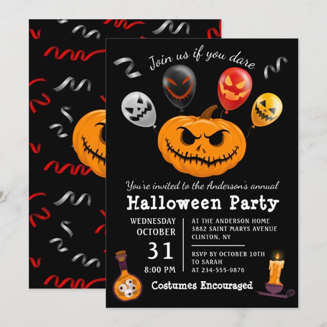 Modern Black Scary Pumpkin Balloon Halloween fest Inbjudningar (Fram/baksida)