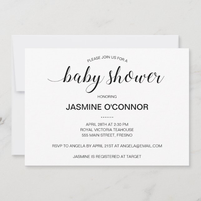 Modern Black Script Baby Shower Inbjudningar (Framsida)