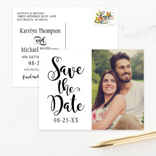 Modern Black Script Bröllop Photo Save Date Meddelande Vykort