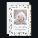 Modern Black Script Cute Guld Black Gifts Mönster Julkort<br><div class="desc">Skicka semesterhälsningar med anpassade och personlig till vänner, kolleger och familj i enkla, minimalistiska, elegant, roligt, festliga och moderna fotokort! Ett vackert ram av olika typer av guld och svarta julklappar och presenter som är täckta med rosett band omger ditt foto. Hälsning " God jul " skrivs i elegantens kalligrafi,...</div>