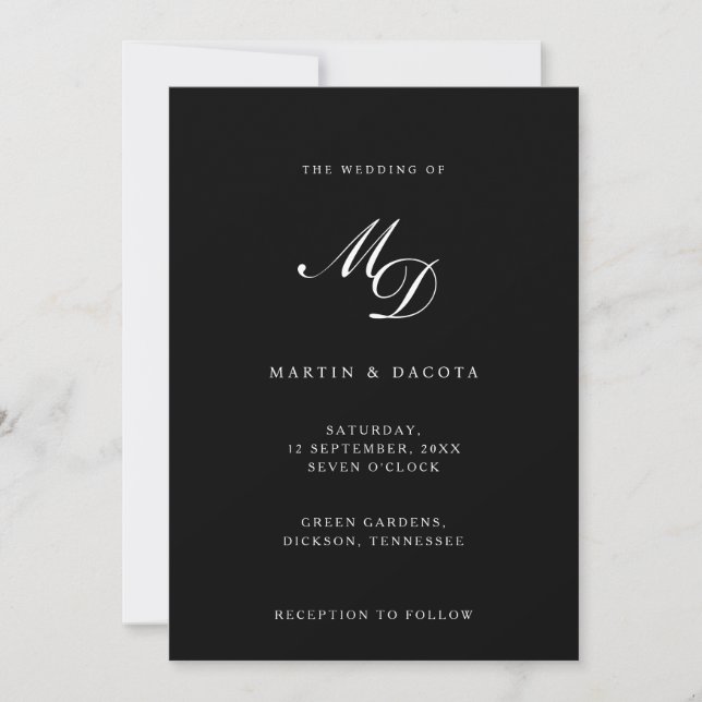 Modern Black & Script Initialer Monogram Bröllop Inbjudningar (Framsida)