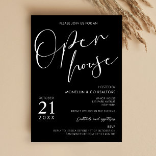 Modern Black Script Logotyp Business Open House Inbjudningar