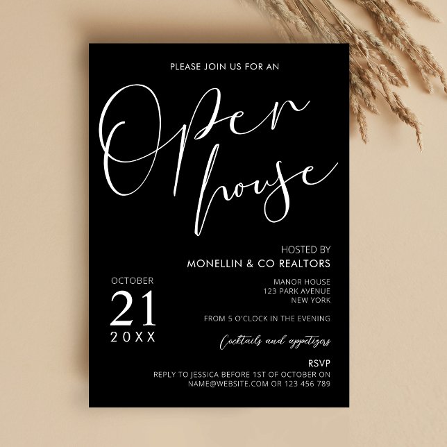 Modern Black Script Logotyp Business Open House Inbjudningar (Elegant Open House Marketing Flyer in a modern black and white design)