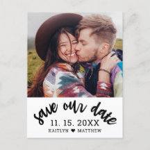 Modern Black Script Photo Bröllop spara datum