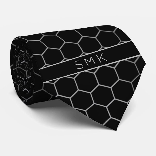 Modern Black Silv Foil Geometric Monogram Neck Tie Slips (Rullad)
