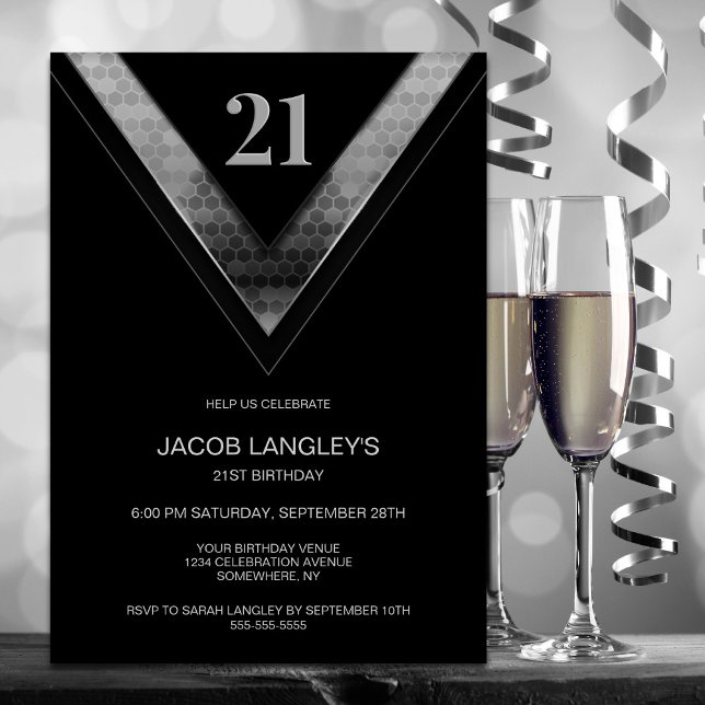 Modern Black Silver 21:a födelsedagen Party Inbjudningar (Skapare uppladdad)