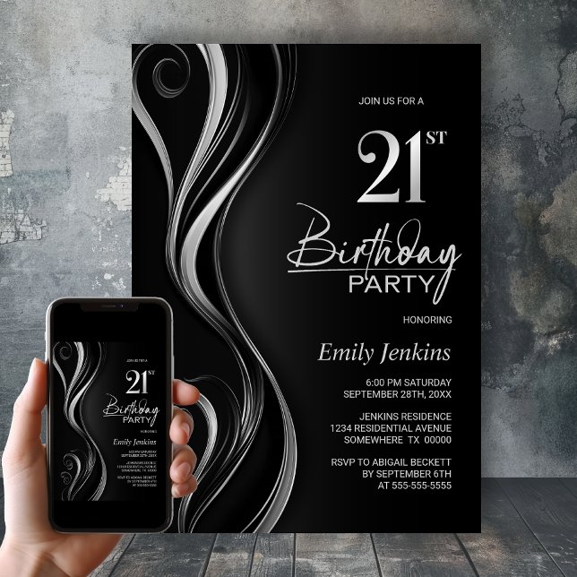 Modern Black Silver 21:a födelsedagen Party Inbjudningar (Skapare uppladdad)