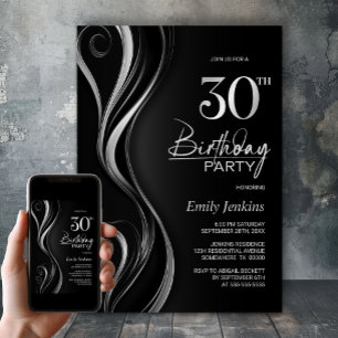Modern Black Silver 30års födelsedag Party Inbjudningar