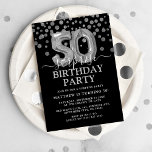 Modern Black & Silver 50:e överraskande Födelsedag Inbjudningar<br><div class="desc">Modern svart och silver överraskar födelsedagsfest inbjudan för en femtio. Med en svart bakgrund,  faux silver glitter konetti,  silver 50-årsballonger och en elegant födelsedagsmall som är enkel att anpassa.</div>