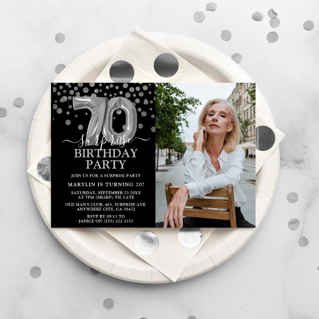 Modern Black & Silver 70:e överraskningsfoto Inbjudningar (Skapare uppladdad)