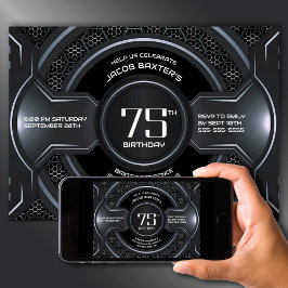 Modern Black Silver 75th Birthday Party Inbjudningar