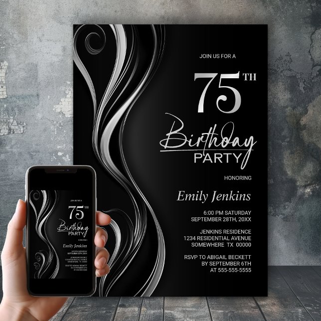 Modern Black Silver 75th Birthday Party Inbjudningar (Skapare uppladdad)