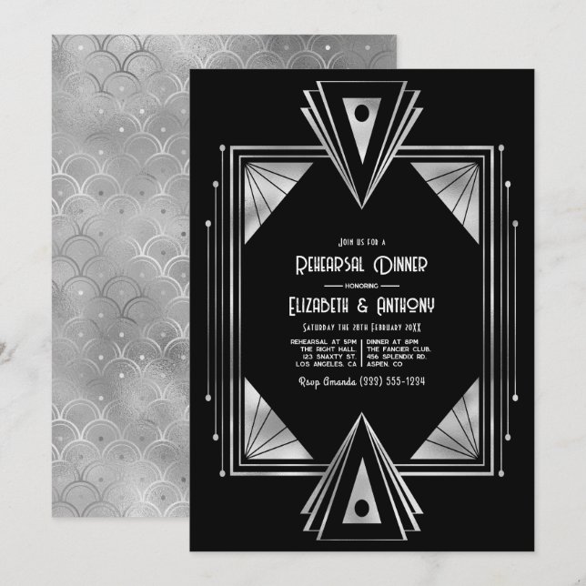 Modern Black & Silver Art Deco Rehearsal Dinner Inbjudningar (Fram/baksida)