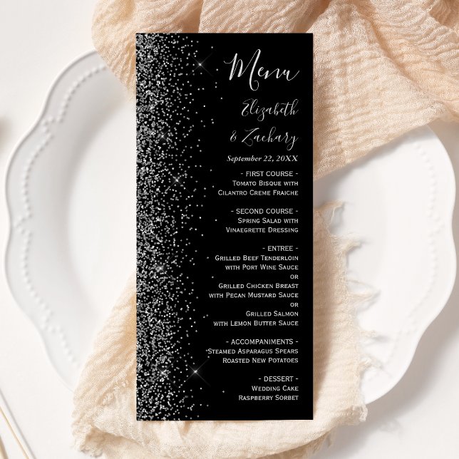 Modern Black Silver Glitter Kant Bröllop Meny (Skapare uppladdad)