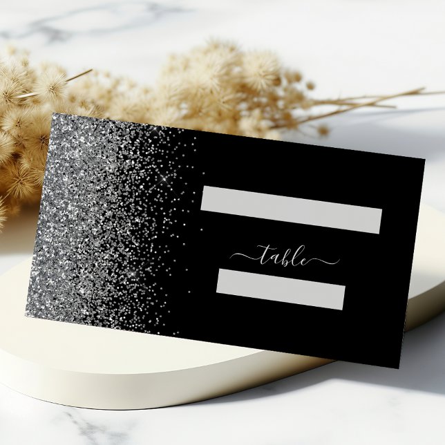 Modern Black Silver Glitter Kant Bröllop Placeringskort (Skapare uppladdad)