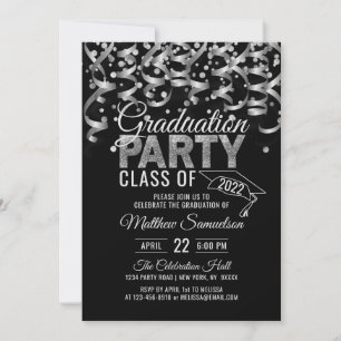 Modern Black Silver Glitter Studentfest Invit Inbjudningar