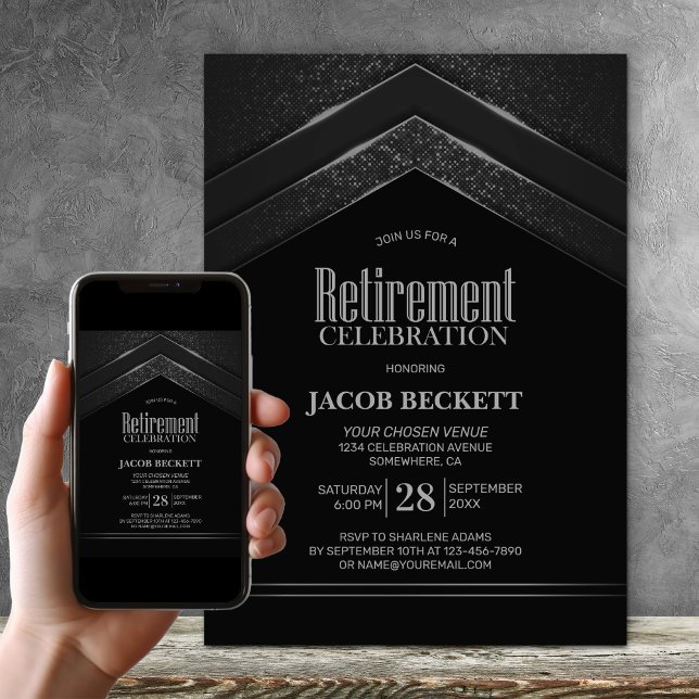 Modern Black Silver Pension Party Inbjudningar (Skapare uppladdad)