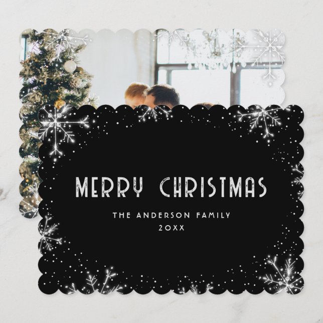 Modern Black Silver Snowflake Photo Christmas Card Julkort (Fram/baksida)