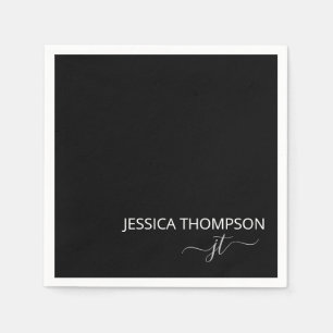 Modern Black Simple Script Monogram Namn Cocktail Pappersservett