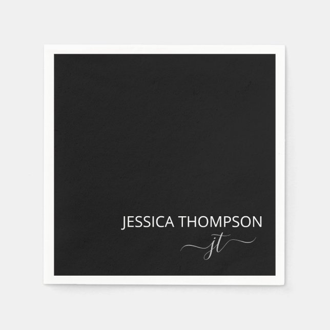 Modern Black Simple Script Monogram Namn Cocktail Pappersservett (Framsidan)