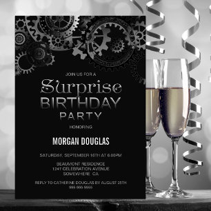 Modern Black Steampunk Surprise Birthday Inbjudningar