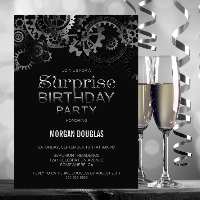Modern Black Steampunk Surprise Birthday Inbjudningar (Skapare uppladdad)