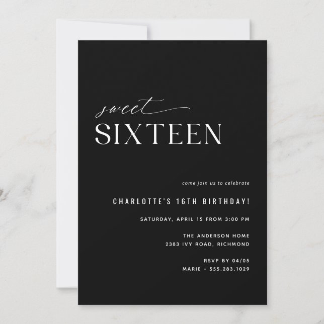 Modern Black Sweet sixteen | vecka 16:e födelsedag Inbjudningar (Framsida)