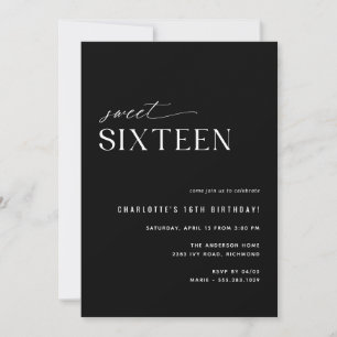 Modern Black Sweet sixteen   vecka 16:e födelsedag Inbjudningar