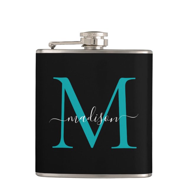 Modern Black Teal Grönt Monogram Girly Script Namn Fickplunta (Framsidan)