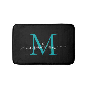 Modern Black Teal Grönt Monogram Script Elegant Badrumsmatta