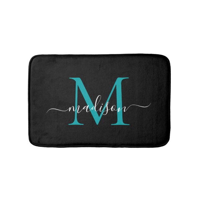 Modern Black Teal Grönt Monogram Script Elegant Badrumsmatta (Framsidan)