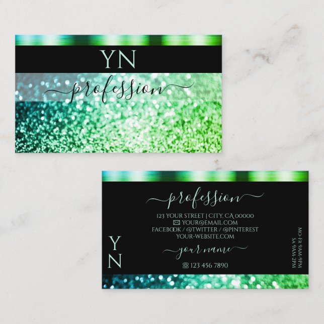 Modern Black Teal Grönt Sparkling Glitter Monogram Visitkort (Fram/baksida)
